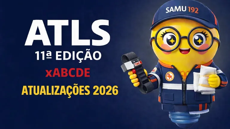 Banner digital com fundo azul escuro. À esquerda, em letras grandes brancas, está escrito “ATLS” e logo abaixo “11ª EDIÇÃO”. Abaixo desse título aparece “xABCDE” em vermelho e, na linha inferior, “ATUALIZAÇÕES 2026” em amarelo. À direita, há um mascote ilustrado em formato de lâmpada com expressão alegre, olhos grandes e óculos redondos. Ele veste uniforme azul do serviço de emergência SAMU, com boné escrito “SAMU 192”. Em uma das mãos o personagem segura um torniquete preto, destacando o equipamento de controle de hemorragia, e na outra mão segura gazes e compressas médicas. O estilo da imagem é colorido, tridimensional e com aparência de personagem animado.
