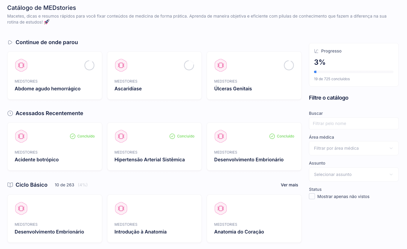 Catálogo de MEDstories com filtros por área médica e assunto