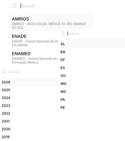 Filtros de busca das provas na integra