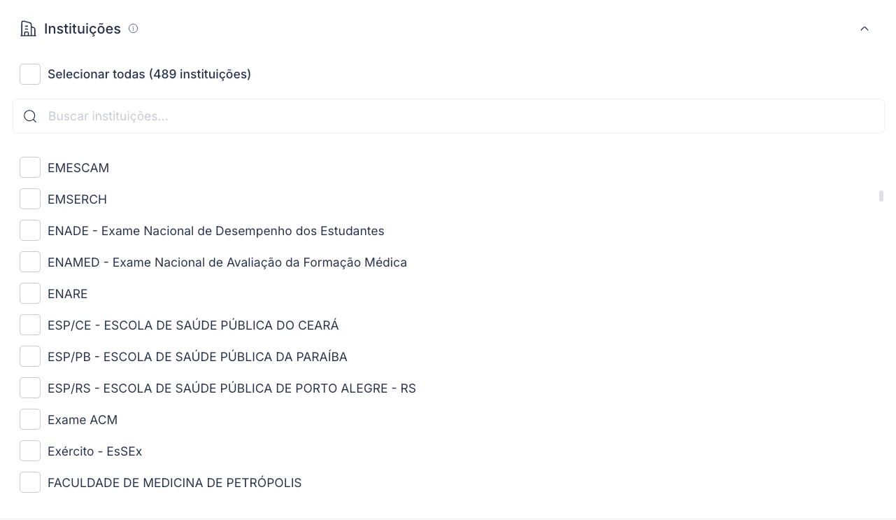 Filtro de instituições com mais de 489 opções disponíveis
