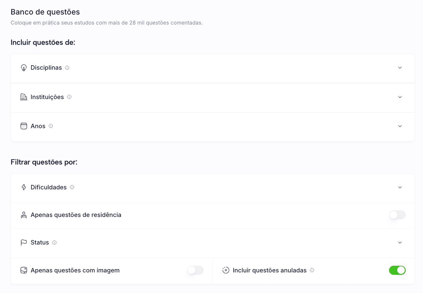 Interface do banco de questões com filtros por disciplina, instituição e ano